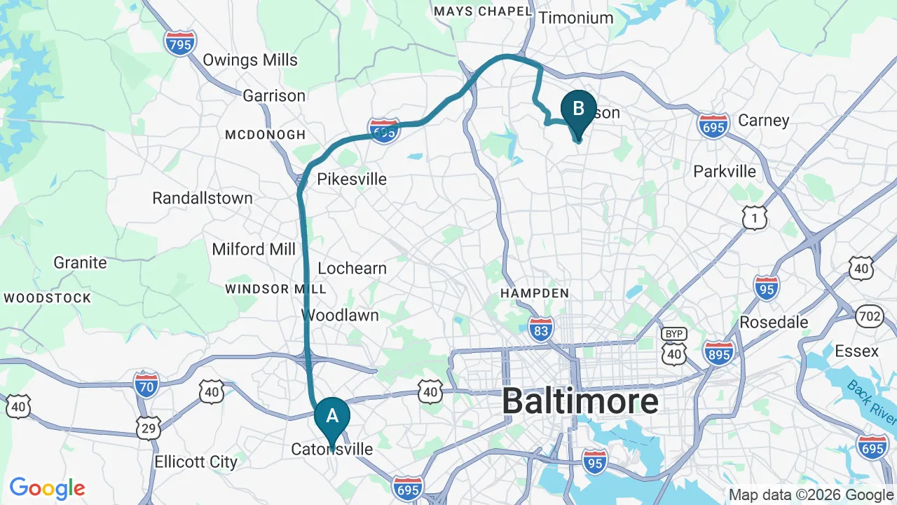 Driving directions map from Catonsville, MD to Towson Integrative Health in Towson