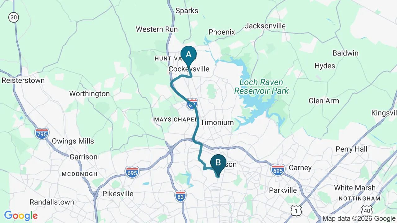 Driving directions map from Cockeysville, MD to Towson Integrative Health in Towson