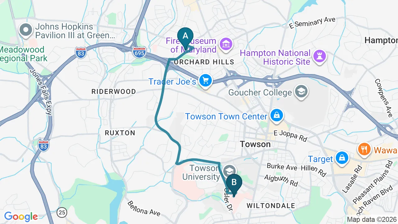 Driving directions map from Lutherville, MD to Towson Integrative Health in Towson