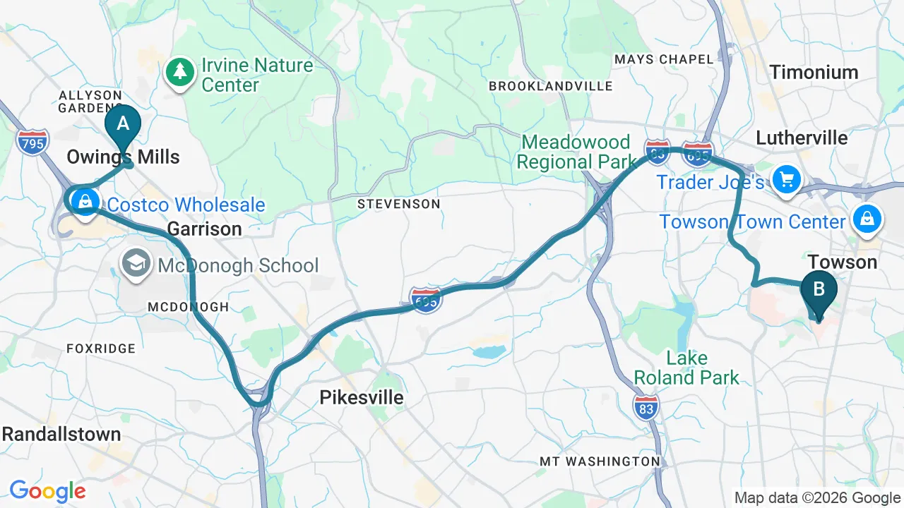 Driving directions map from Owings Mills, MD to Towson Integrative Health in Towson