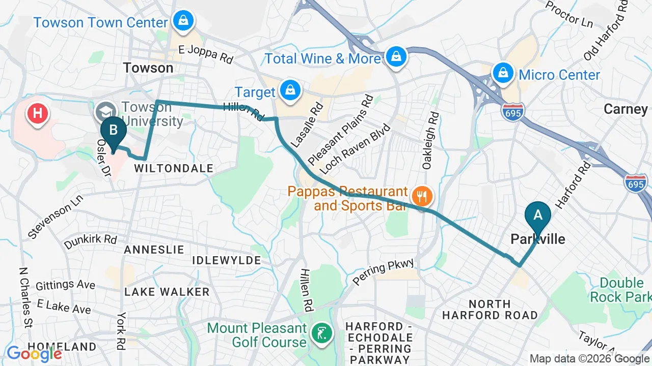 Driving directions map from Parkville, MD to Towson Integrative Health in Towson