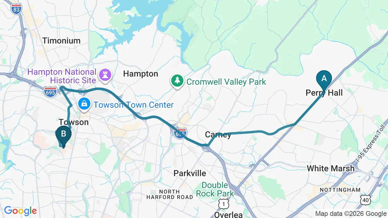 Driving directions map from Perry Hall, MD to Towson Integrative Health in Towson