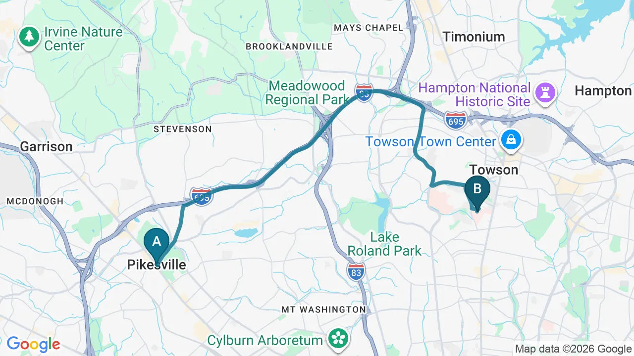 Driving directions map from Pikesville, MD to Towson Integrative Health in Towson