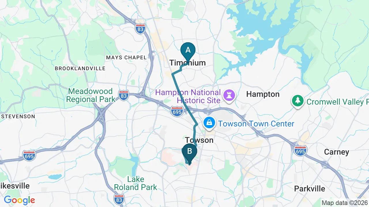 Driving directions map from Timonium, MD to Towson Integrative Health in Towson